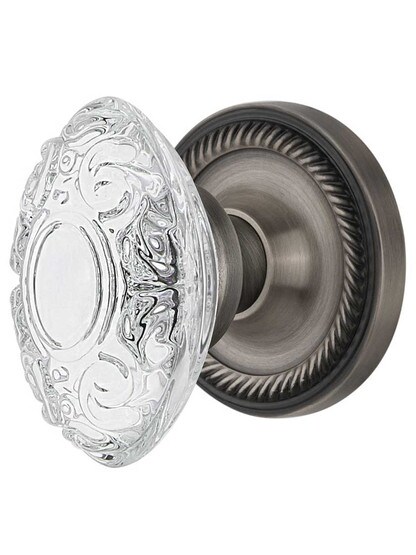 Rope Rosette Door Set with Victorian Crystal-Glass Knobs - 2 3/4 in Antique Pewter.
